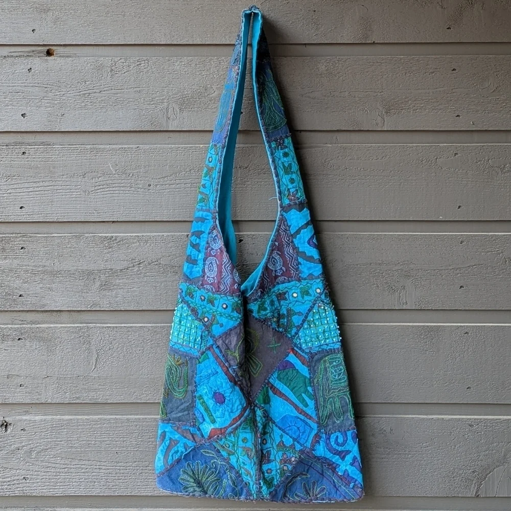 Boho Indian Blue Patchwork Tote Bag 100% Cotton